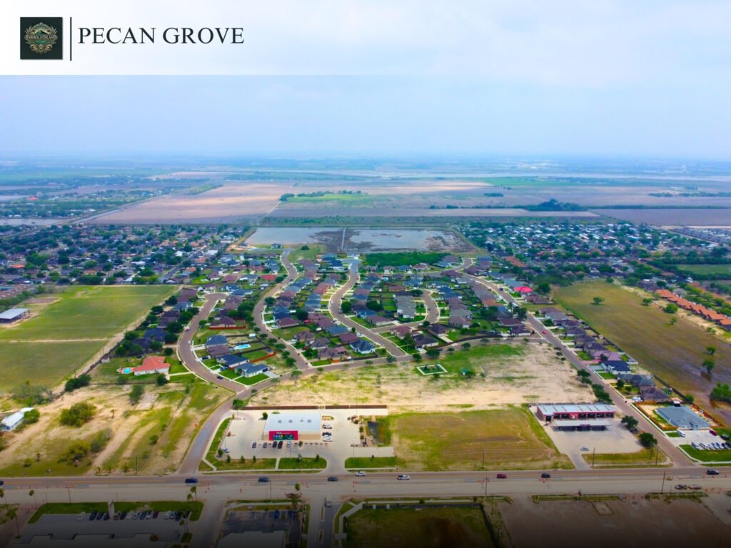 Aerial view of suburban Pecan Grove neighborhood.
