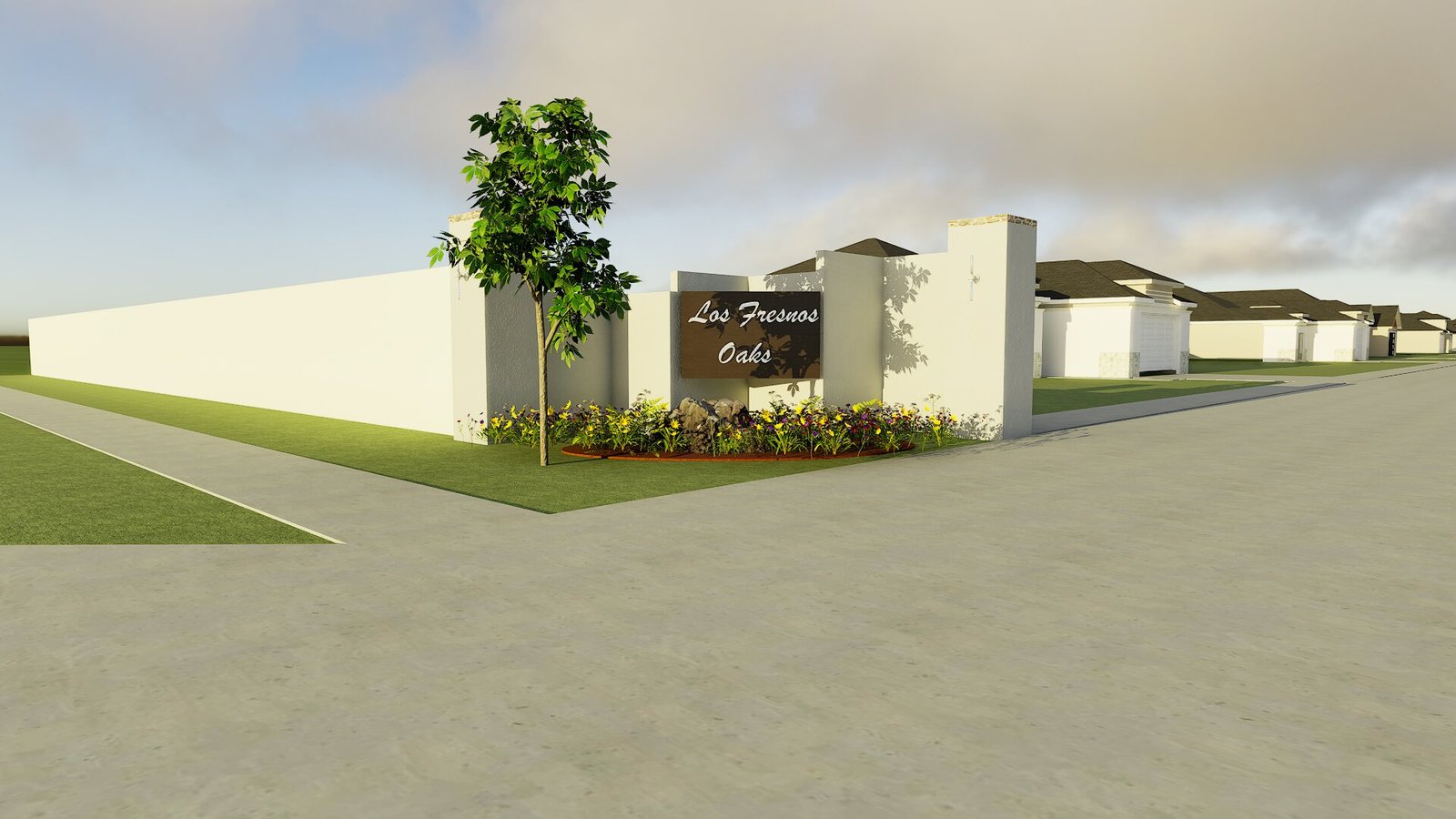 Los Fresnos Oaks neighborhood entrance with houses.