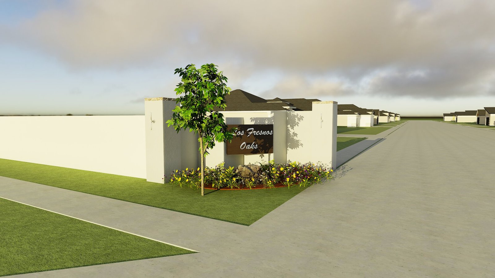 Los Fresnos Oaks neighborhood entrance with landscaping.