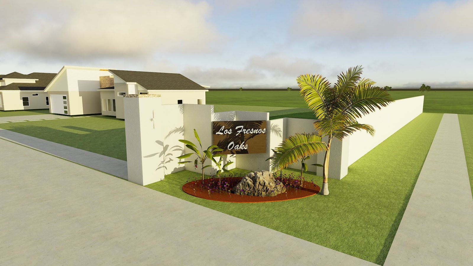 Los Fresnos Oaks entrance with palm trees and sign.