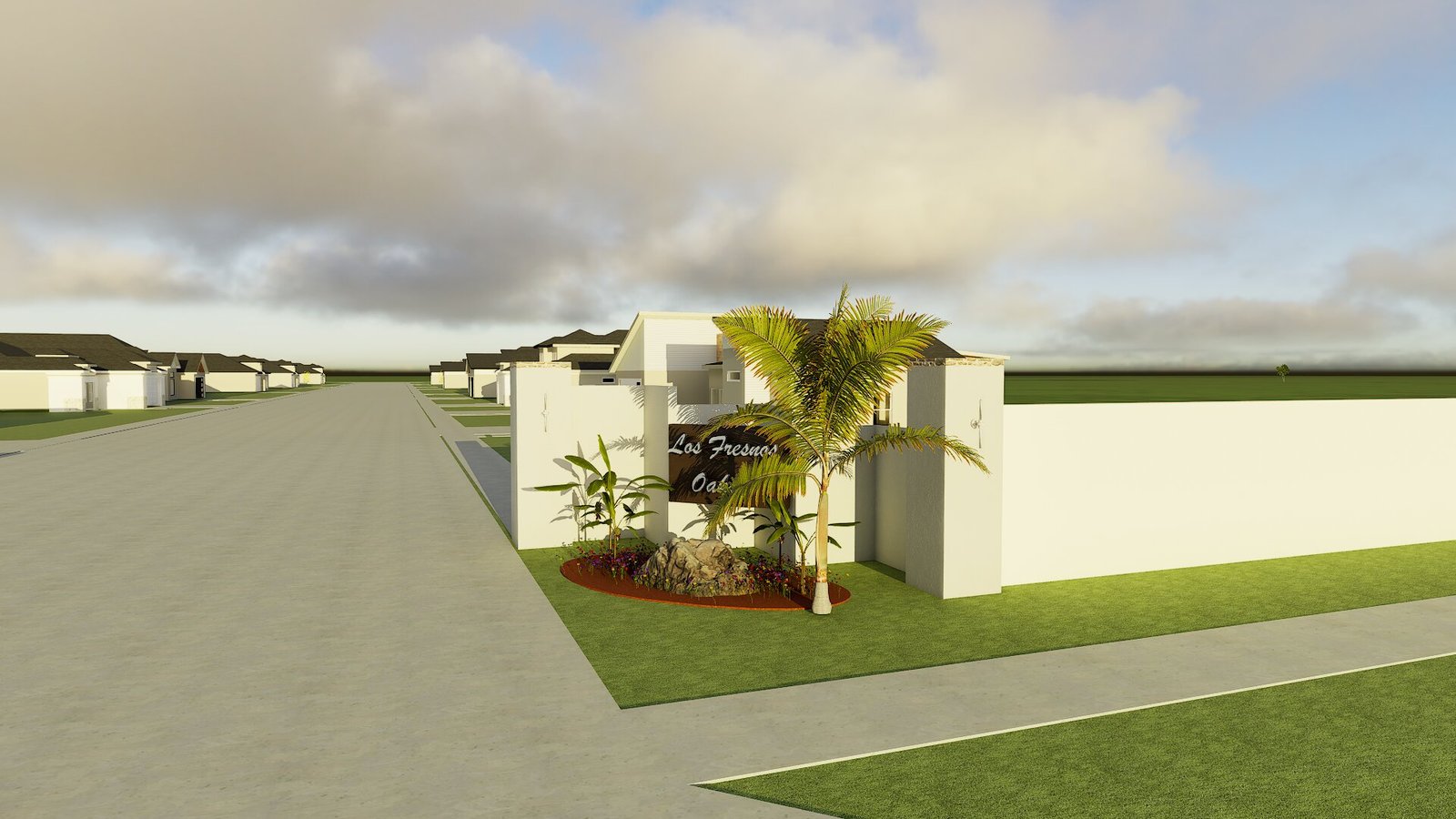 Residential entrance with landscaping and palm trees
