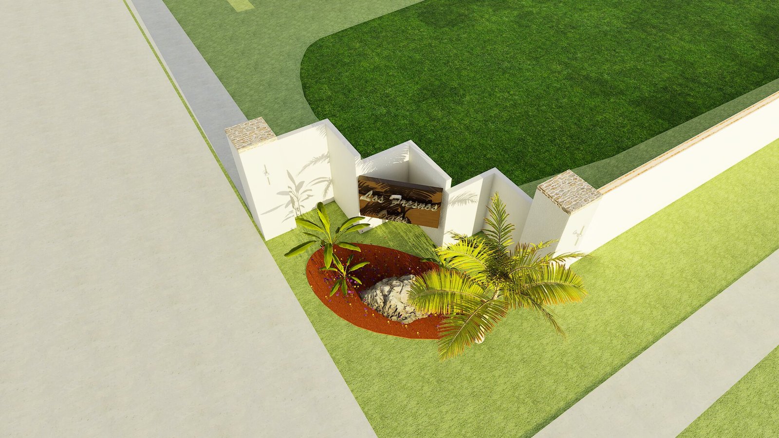 Entrance with landscaping and signage, green lawn.