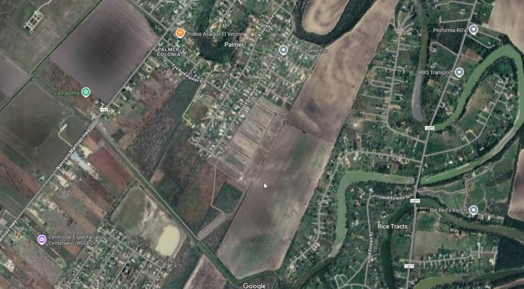 Aerial view of rural roads and fields.