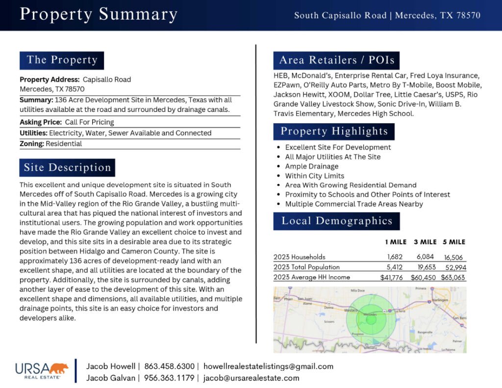 Mercedes, TX property summary with highlights and demographics.