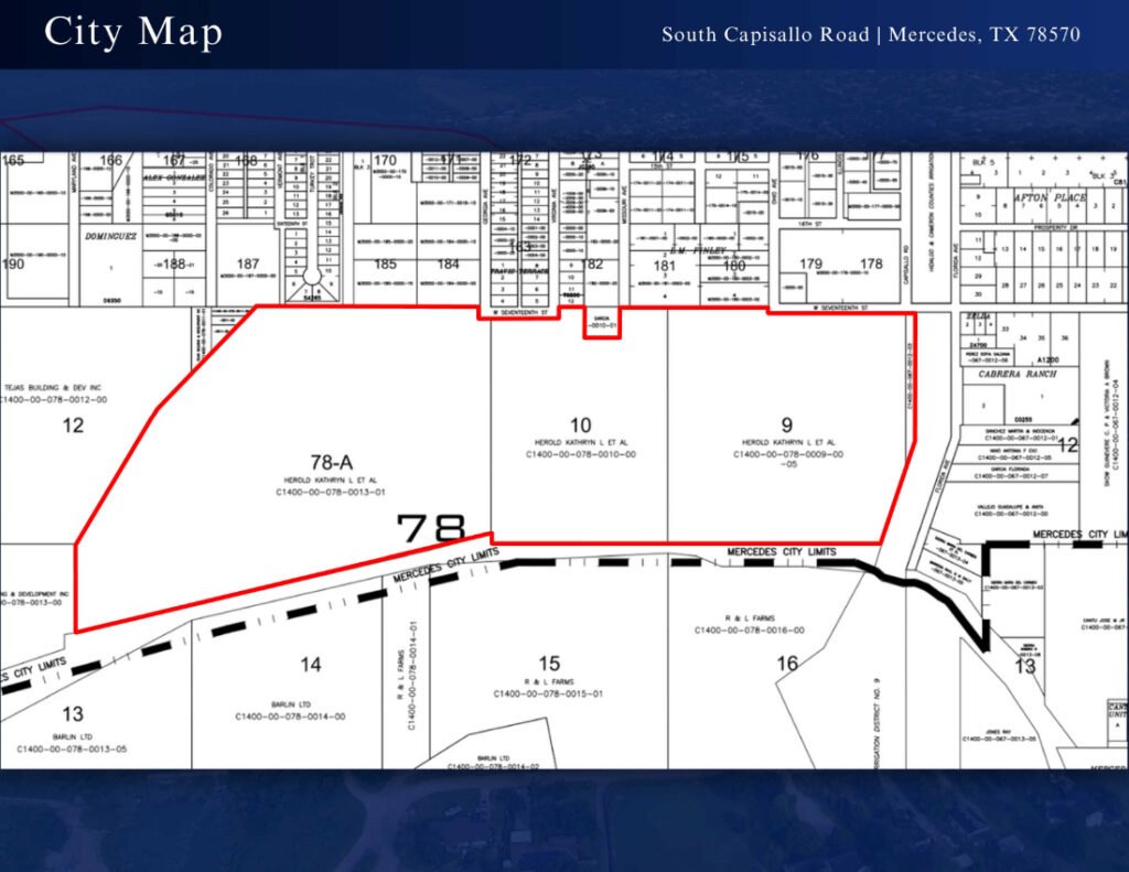 City map of Mercedes, Texas area overview.