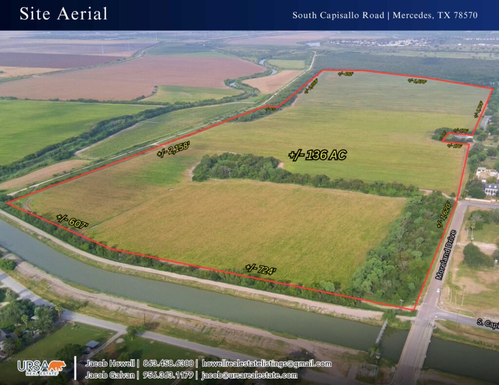 Aerial view of 136-acre land for sale in Texas.