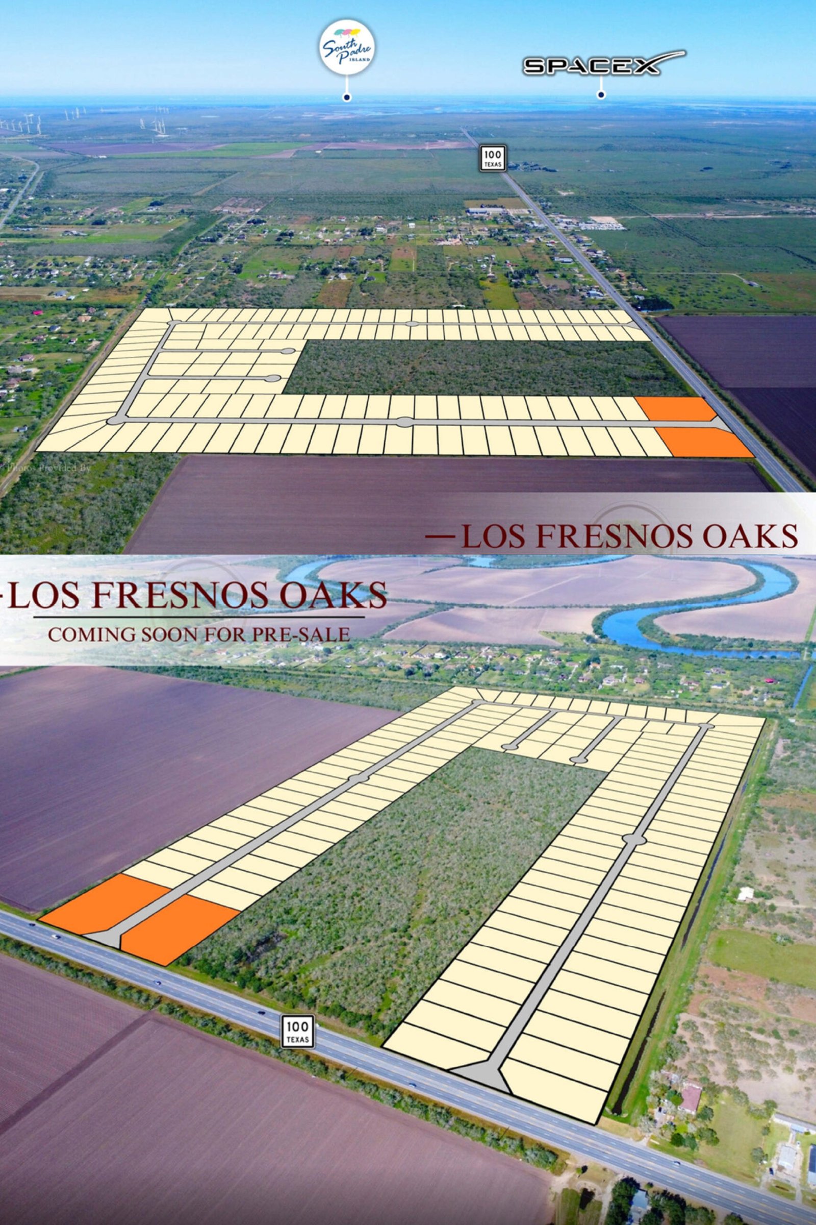 Los Fresnos Oaks residential plots aerial view.